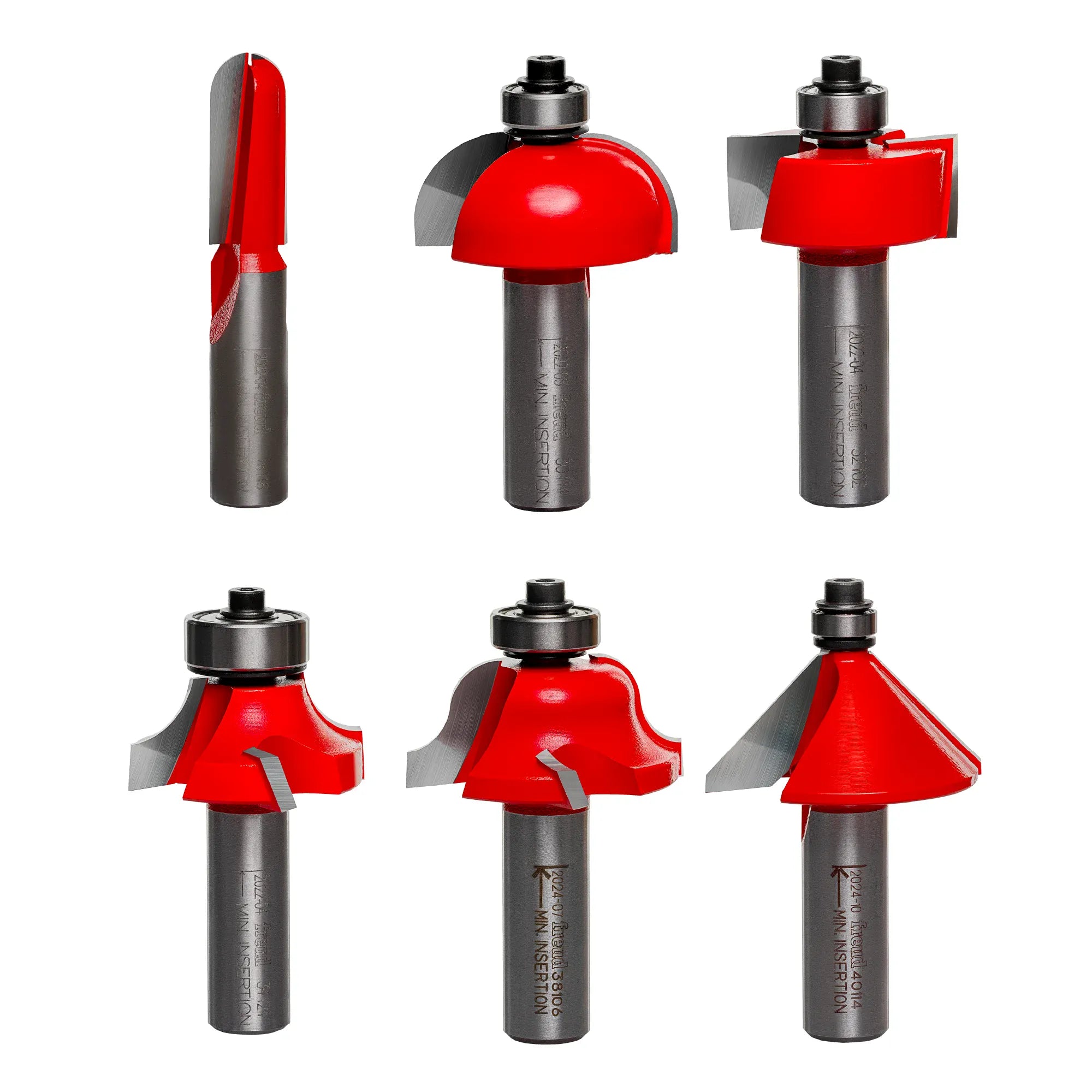 Image of six Freud router bits arranged in two rows. Each bit has a unique cutting shape, including straight, round-over, rabbet, cove, classical, and chamfer profiles. Designed for shaping, edging, and joinery in woodworking applications