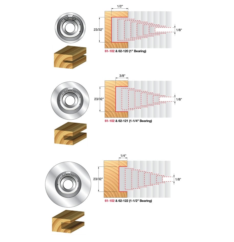 Technical diagrams illustrating the three different cutting depths (1/2", 3/8", and 1/4") achievable by swapping the included bearings, along with the range of slot widths from 1/8" to 23/32".