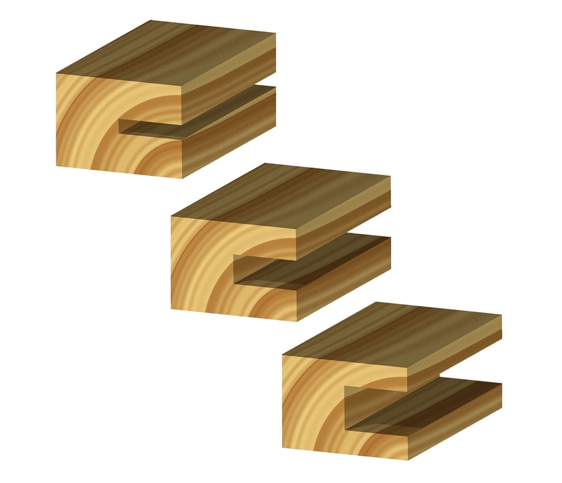 Illustration demonstrating the versatility of the slotting set, showing three different pieces of wood with grooves cut at varying widths.