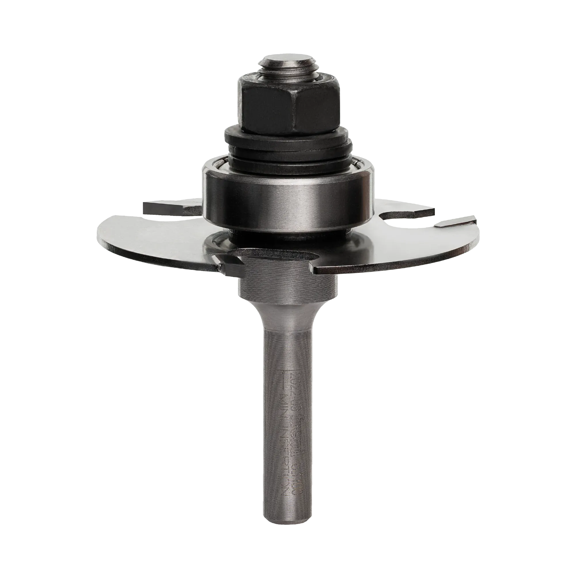 Freud 63-100 1/16-inch slotting cutter router bit assembly featuring a 1/4-inch shank, precision ball bearing guide, and a three-wing carbide-tipped cutter for woodworking.