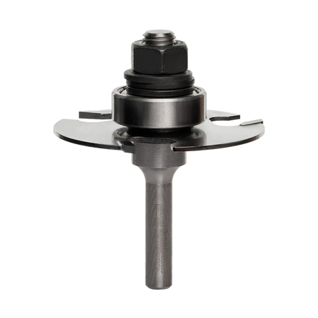 Freud 63-100 1/16-inch slotting cutter router bit assembly featuring a 1/4-inch shank, precision ball bearing guide, and a three-wing carbide-tipped cutter for woodworking.