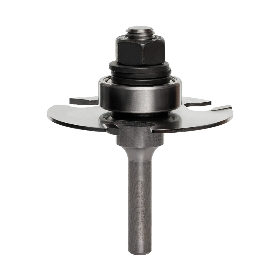 Freud 63-100 1/16-inch slotting cutter router bit assembly featuring a 1/4-inch shank, precision ball bearing guide, and a three-wing carbide-tipped cutter for woodworking.