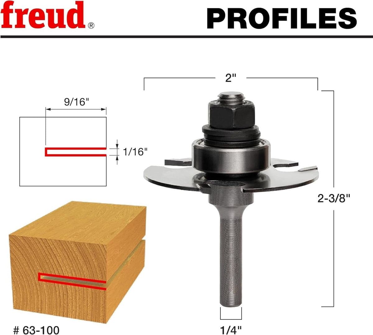 Technical profile diagram illustrating the 1/16-inch groove width, 9/16-inch cutting depth, and overall dimensions of the Freud 63-100 slotting cutter set.