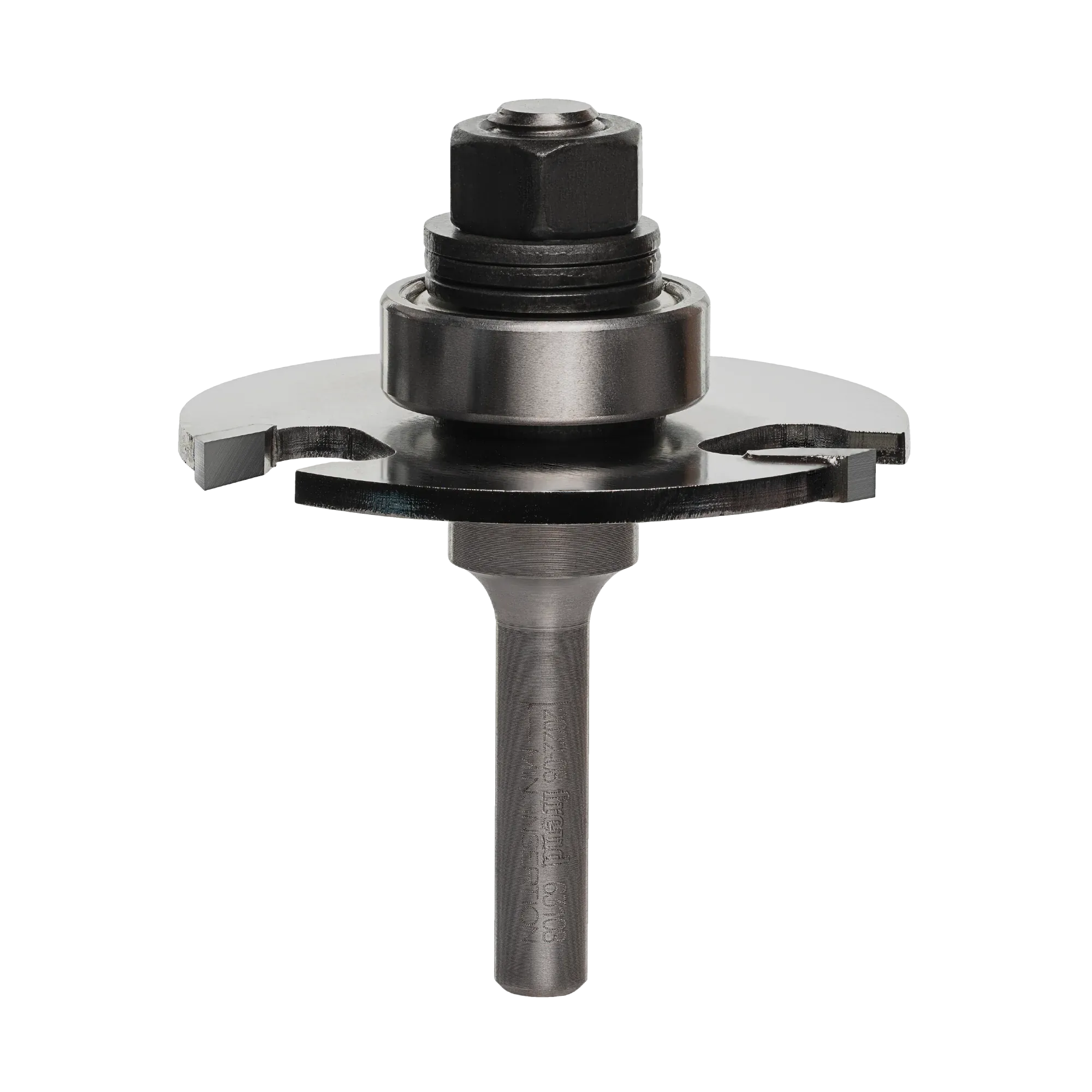 A studio shot of the Freud 63-108 slotting cutter router bit featuring a 3-wing carbide-tipped design, a 1/4-inch shank, and a ball bearing guide for precise depth control.