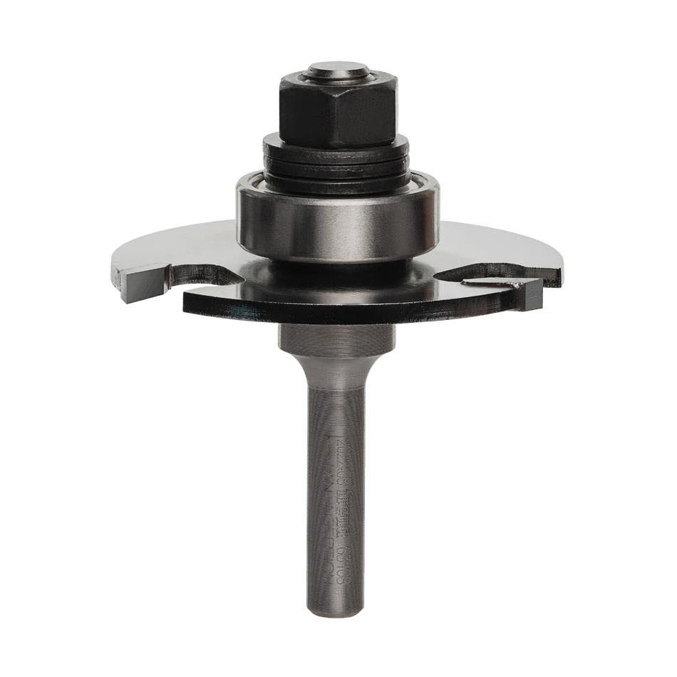 A studio shot of the Freud 63-108 slotting cutter router bit featuring a 3-wing carbide-tipped design, a 1/4-inch shank, and a ball bearing guide for precise depth control.