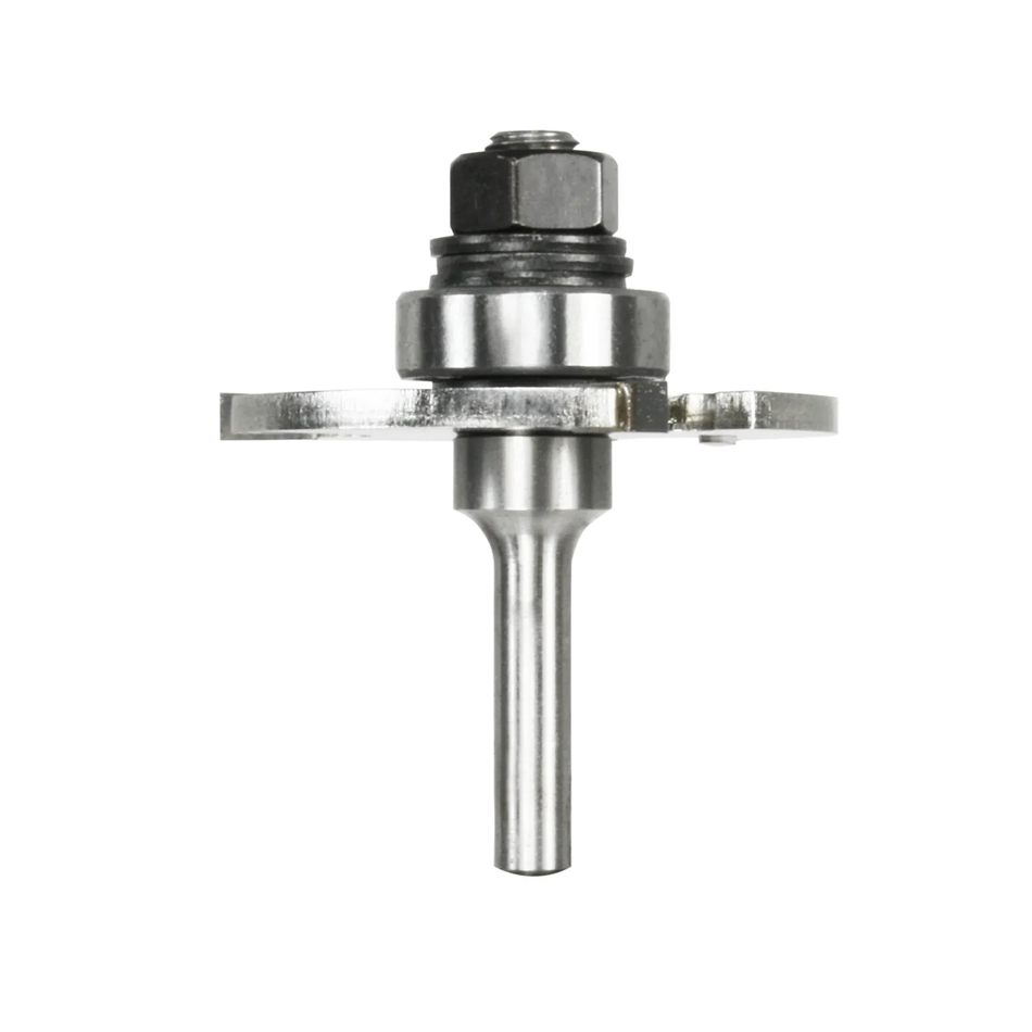 A professional studio shot of the Freud 63-111 slotting cutter set showing the 3-wing carbide-tipped cutter mounted on a 1/4 inch shank arbor with a steel ball bearing for precision depth control.