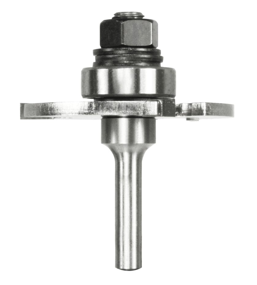 A professional studio shot of the Freud 63-111 slotting cutter set showing the 3-wing carbide-tipped cutter mounted on a 1/4 inch shank arbor with a steel ball bearing for precision depth control.
