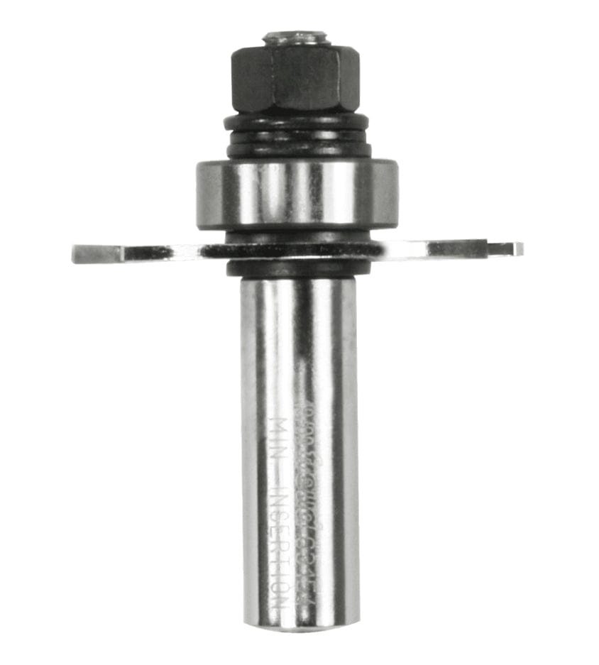 A professional studio shot of the Freud 63-154 slotting cutter set showing the 3-wing carbide-tipped cutter mounted on a 1/2 inch shank arbor with a steel ball bearing for precision depth control in woodworking.