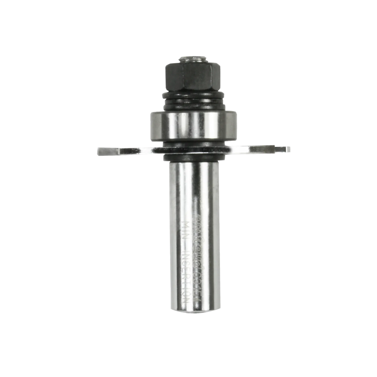 A professional studio shot of the Freud 63-154 slotting cutter set showing the 3-wing carbide-tipped cutter mounted on a 1/2 inch shank arbor with a steel ball bearing for precision depth control in woodworking.
