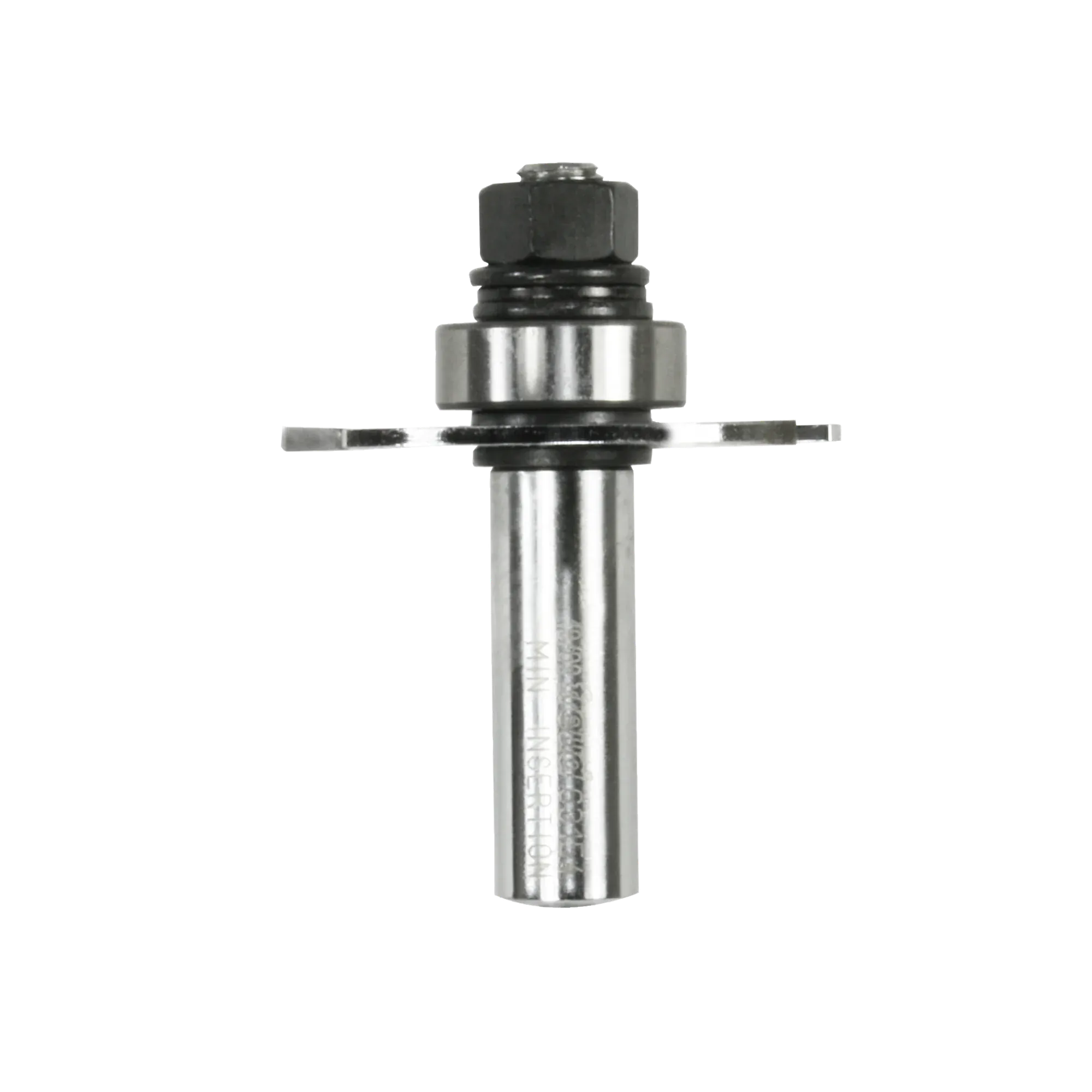 A professional studio shot of the Freud 63-154 slotting cutter set showing the 3-wing carbide-tipped cutter mounted on a 1/2 inch shank arbor with a steel ball bearing for precision depth control in woodworking.