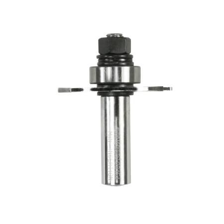 A professional studio shot of the Freud 63-154 slotting cutter set showing the 3-wing carbide-tipped cutter mounted on a 1/2 inch shank arbor with a steel ball bearing for precision depth control in woodworking.