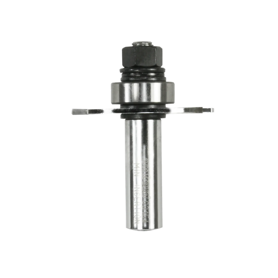 A professional studio shot of the Freud 63-154 slotting cutter set showing the 3-wing carbide-tipped cutter mounted on a 1/2 inch shank arbor with a steel ball bearing for precision depth control in woodworking.