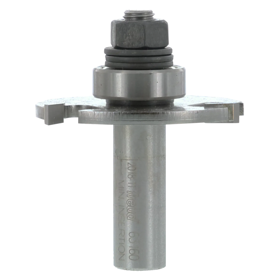 Freud 63-160 3/16-inch slotting cutter router bit assembly featuring a 1/2-inch shank, precision ball bearing guide, and a three-wing carbide-tipped cutter for industrial woodworking.