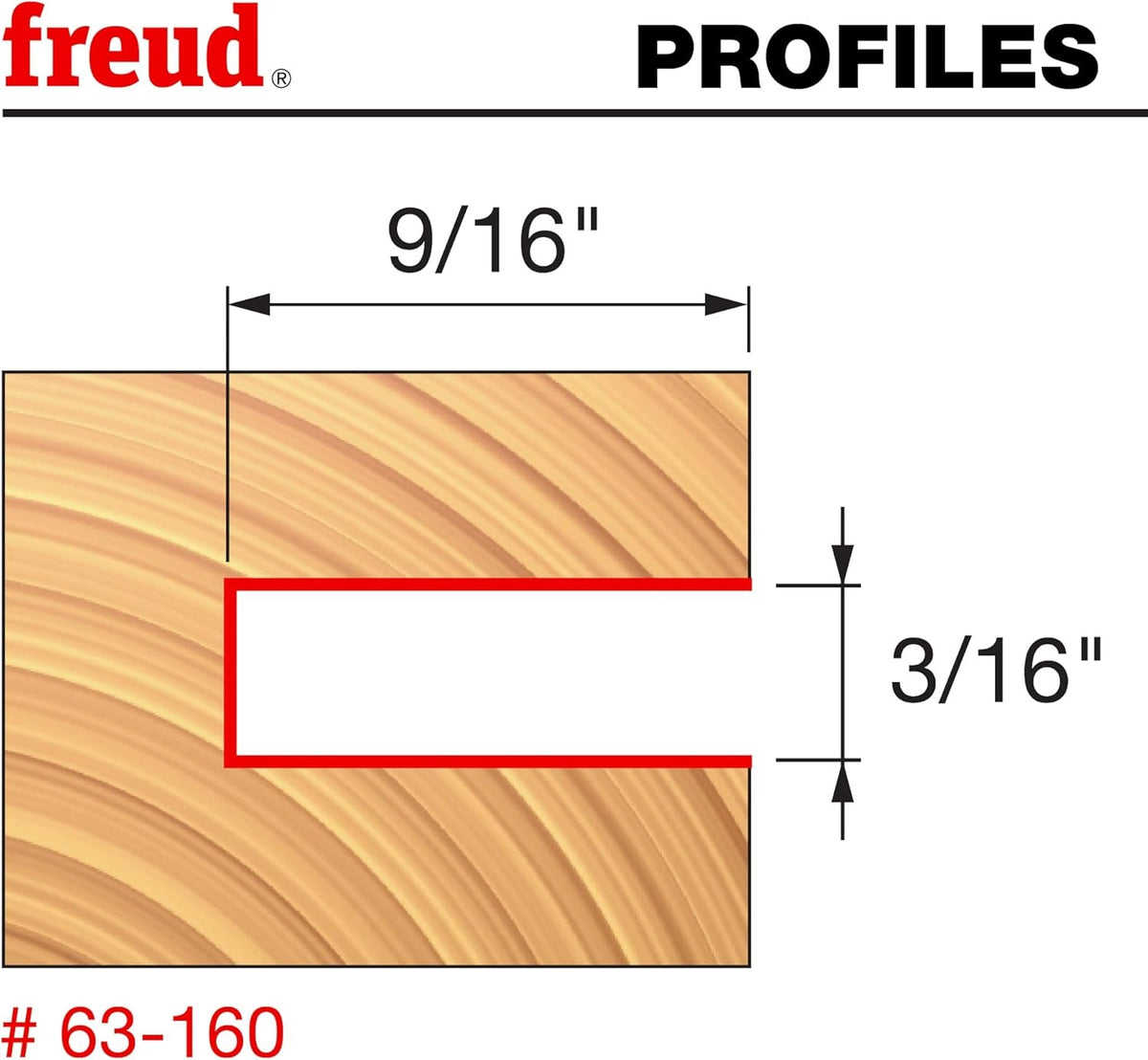 Technical profile diagram illustrating the 3/16-inch groove height and 9/16-inch cutting depth produced by the Freud 63-160 slotting cutter router bit on solid wood.