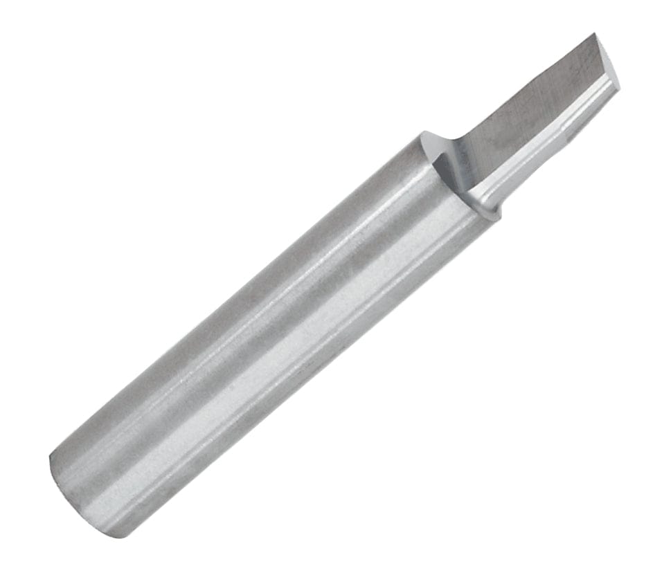 A professional studio shot of the Freud 68-100 solid carbide flush and bevel trim router bit, showing the precision-ground cutting edge and polished 1/4 inch shank designed for trimming plastic laminates.