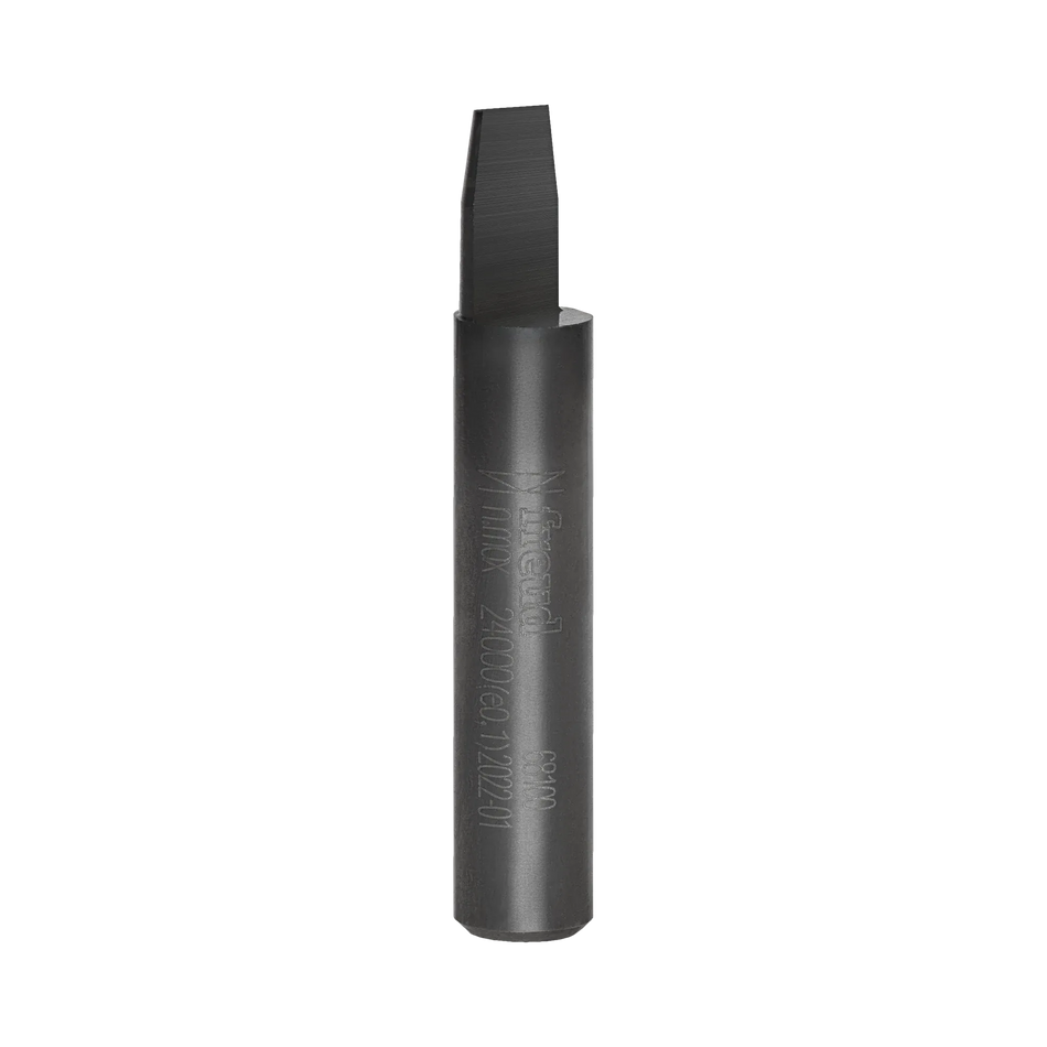 A professional studio shot of the Freud 68-100 solid carbide flush and bevel trim router bit, showing the precision-ground cutting edge and polished 1/4 inch shank designed for trimming plastic laminates.