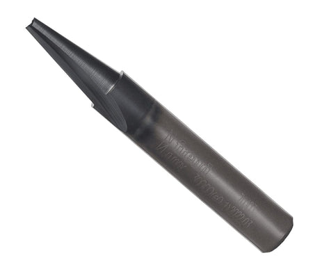 An overhead angled studio product shot of the Freud 70-103 solid carbide carving tool, demonstrating its sharp single-flute V-groove configuration, a solid unpainted industrial steel shank with stamped manufacturer parameters, and a highly polished cutting tip.