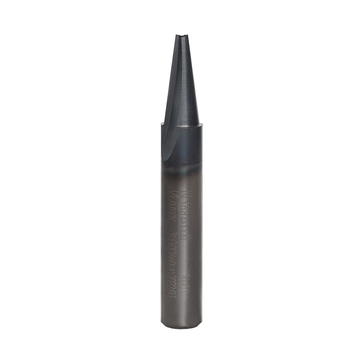Product studio shot from a direct side profile view of the Freud 70-103 solid carbide engraving router bit against a plain white background, highlighting its unpainted dark steel finish, a clean single-flute cutting edge tapered to a sharp point, and laser-etched specifications on the 1/4-inch shank detailing the Freud brand logo.