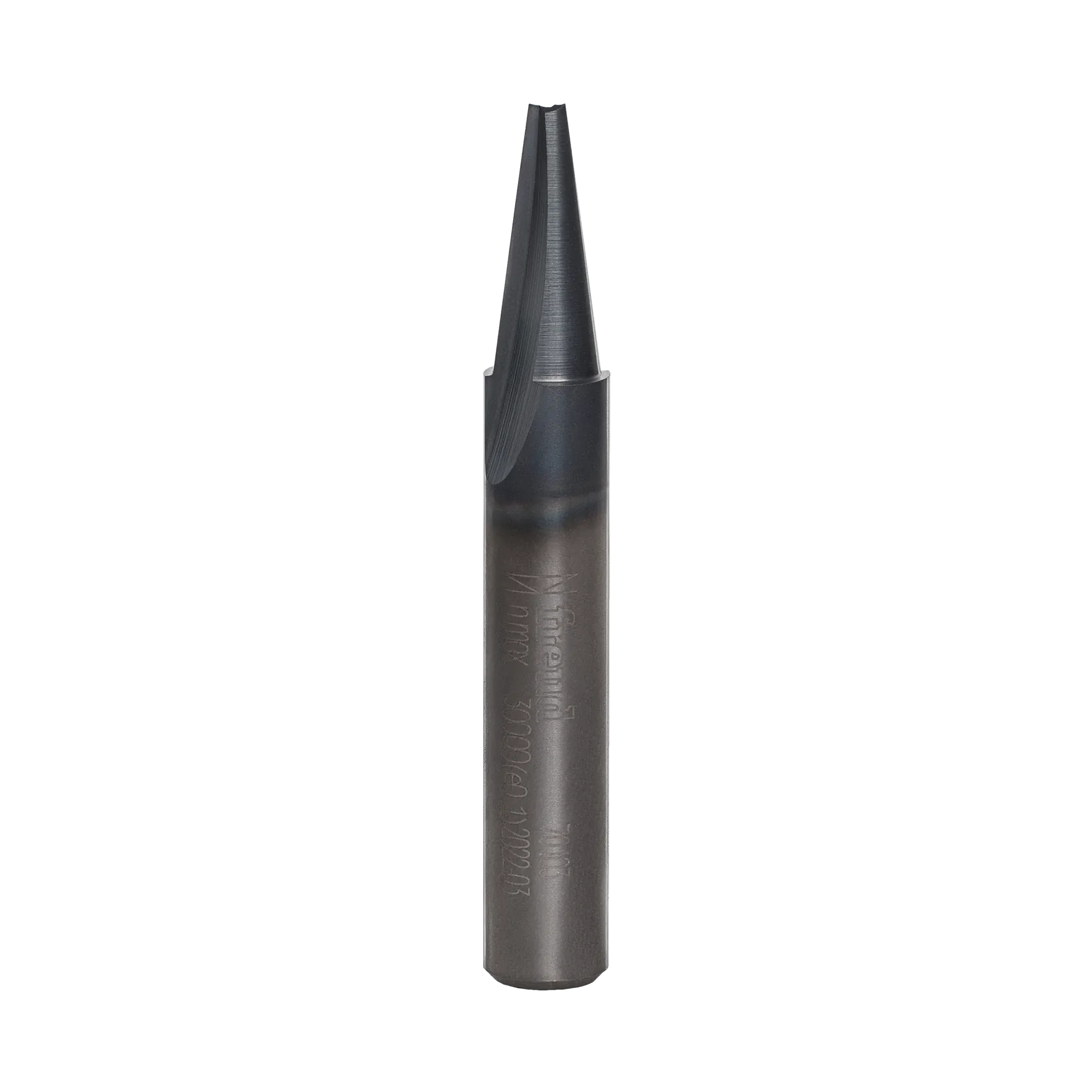 Product studio shot from a direct side profile view of the Freud 70-103 solid carbide engraving router bit against a plain white background, highlighting its unpainted dark steel finish, a clean single-flute cutting edge tapered to a sharp point, and laser-etched specifications on the 1/4-inch shank detailing the Freud brand logo.