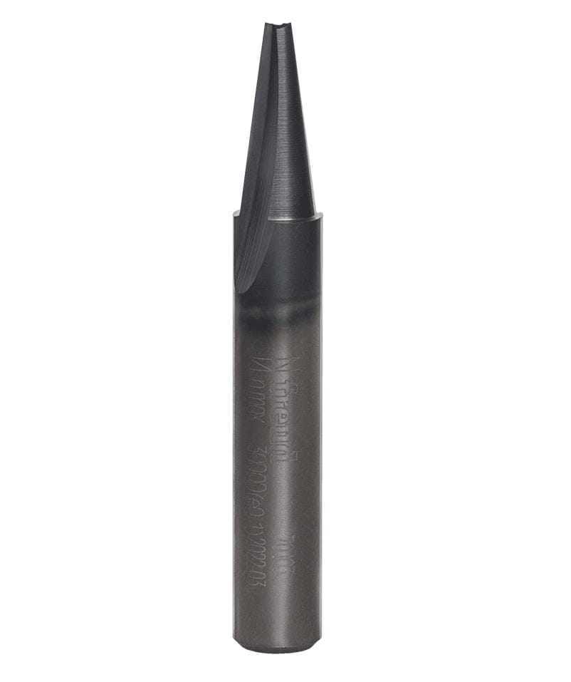 An exact side profile duplicate studio view of the Freud 70-103 solid carbide engraving and lettering router bit against a white backdrop, emphasizing the sharp 7.5-degree tapered cutting cone and the uniform cylinder shape of the 1/4-inch mounting shank.