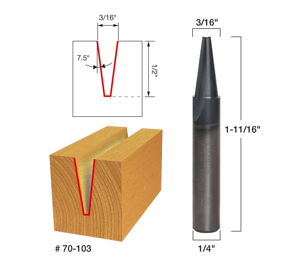 A technical product specification diagram for the Freud 70-103 router bit, detailing a 3/16-inch cutting tip width, a 1/4-inch shank width, and a 1-11/16-inch total tool length alongside cross-section profile illustrations that demonstrate a 7.5-degree angle incline and a 1/2-inch deep grooved pass through a piece of wood trim lumber.