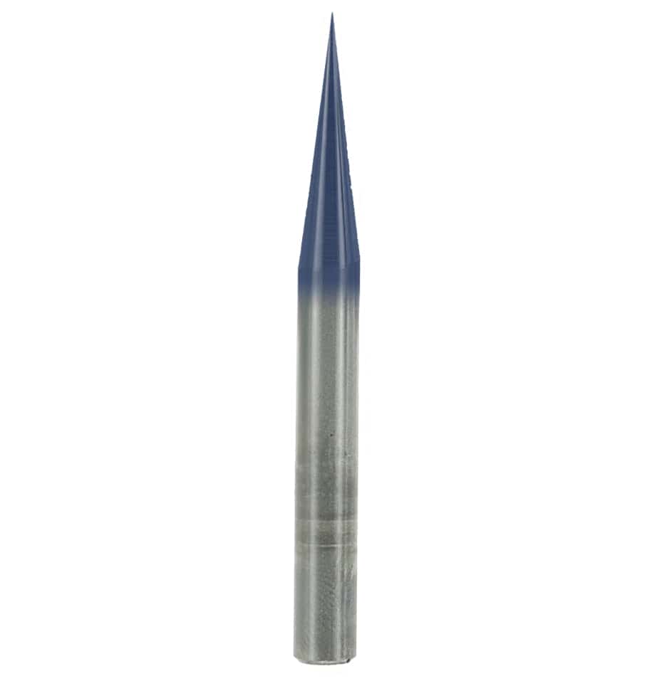 A studio product shot of the Freud 70-112 engraving V-groove router bit, featuring a solid carbide construction with a polished silver shank and a dark blue-black coated tapered cutting tip.