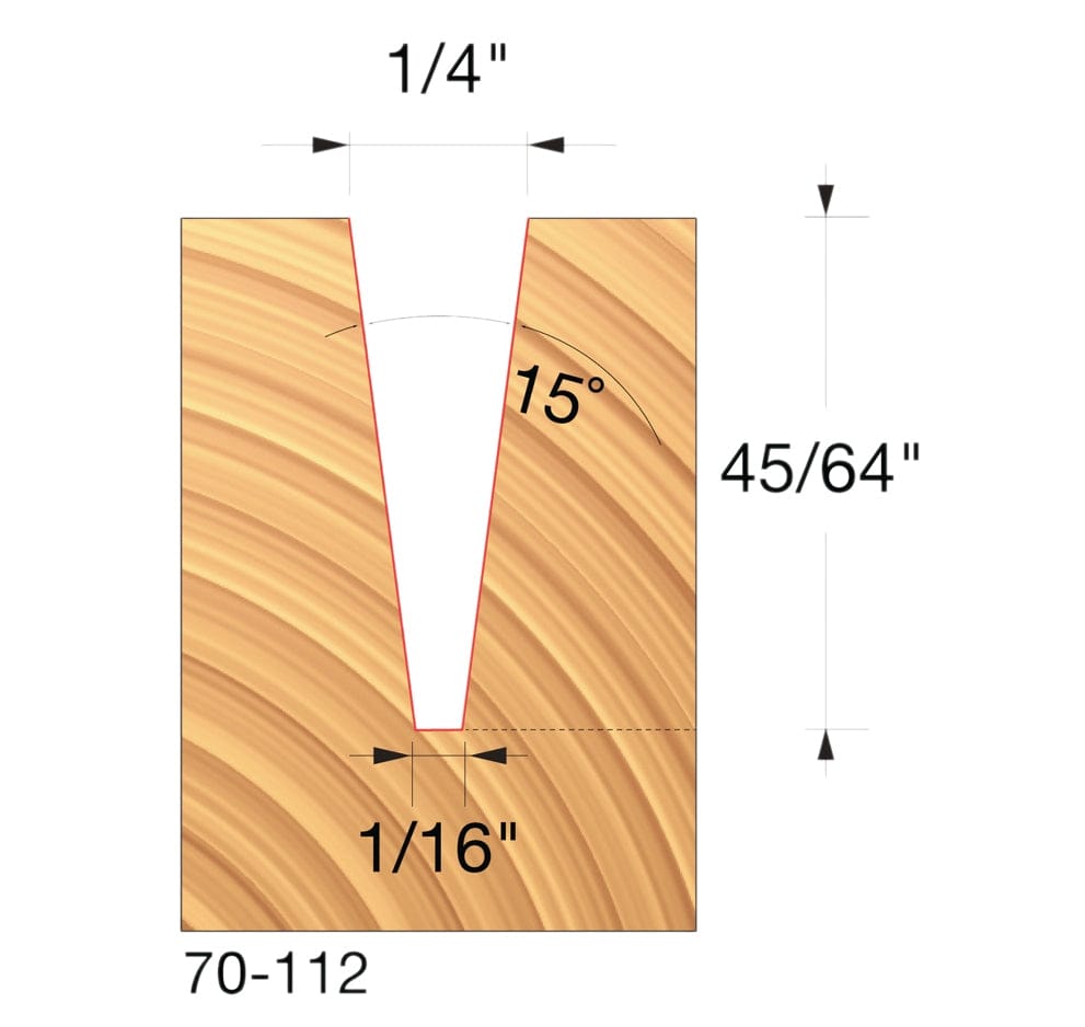 A technical diagram of a wood profile produced by the Freud 70-112 bit, illustrating a 1/4-inch top width, a 1/16-inch bottom width, a 45/64-inch cutting height, and a 15-degree included angle.