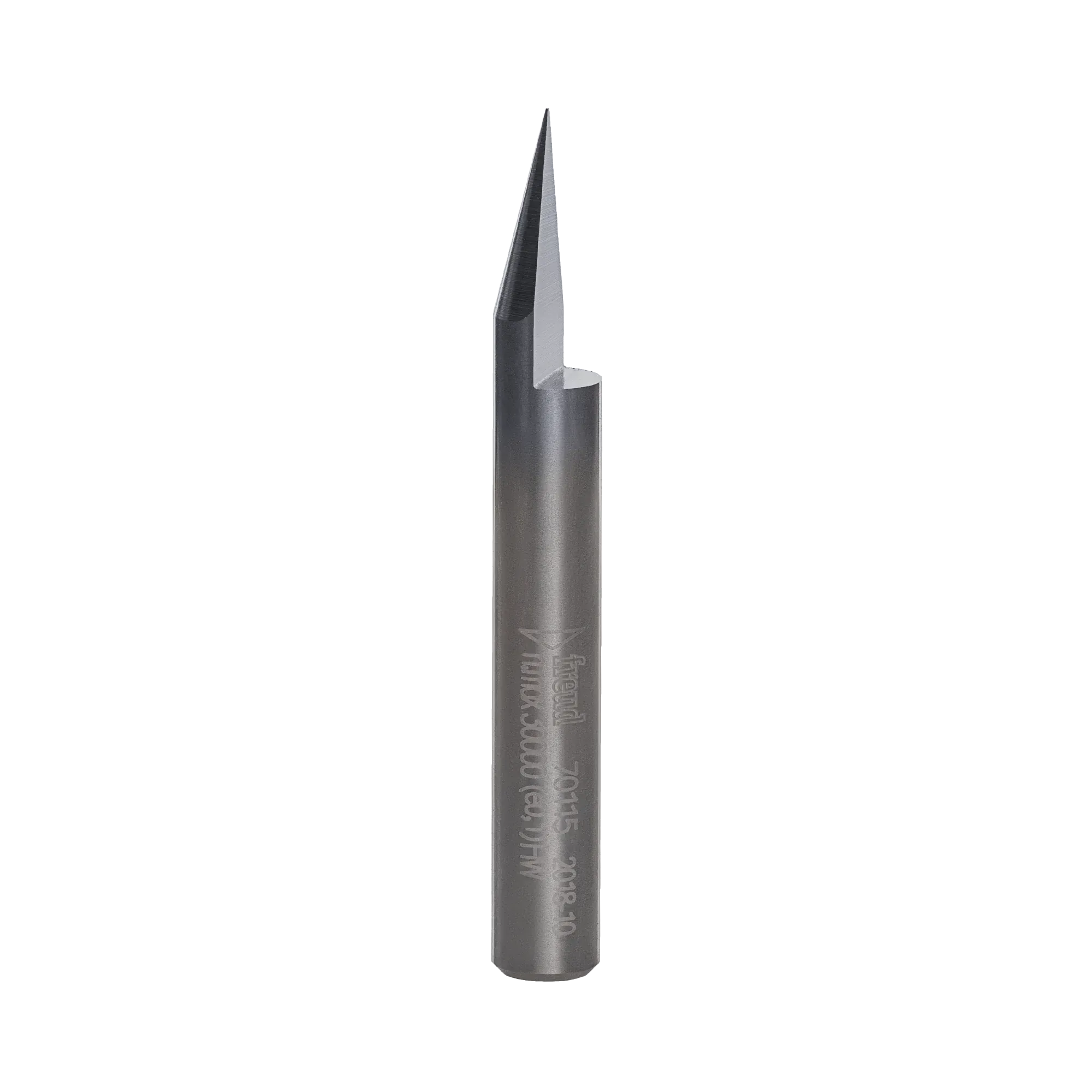 A studio product shot of the Freud 70-115 engraving V-groove router bit, featuring a solid carbide body with a polished silver shank and a dark blue-black coated tapered cutting tip.