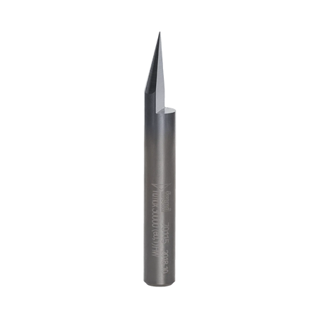 A studio product shot of the Freud 70-115 engraving V-groove router bit, featuring a solid carbide body with a polished silver shank and a dark blue-black coated tapered cutting tip.
