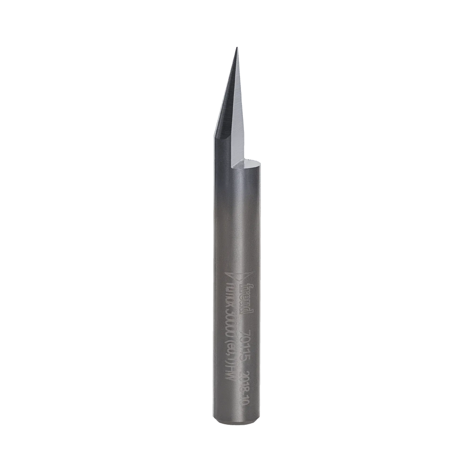 A studio product shot of the Freud 70-115 engraving V-groove router bit, featuring a solid carbide body with a polished silver shank and a dark blue-black coated tapered cutting tip.