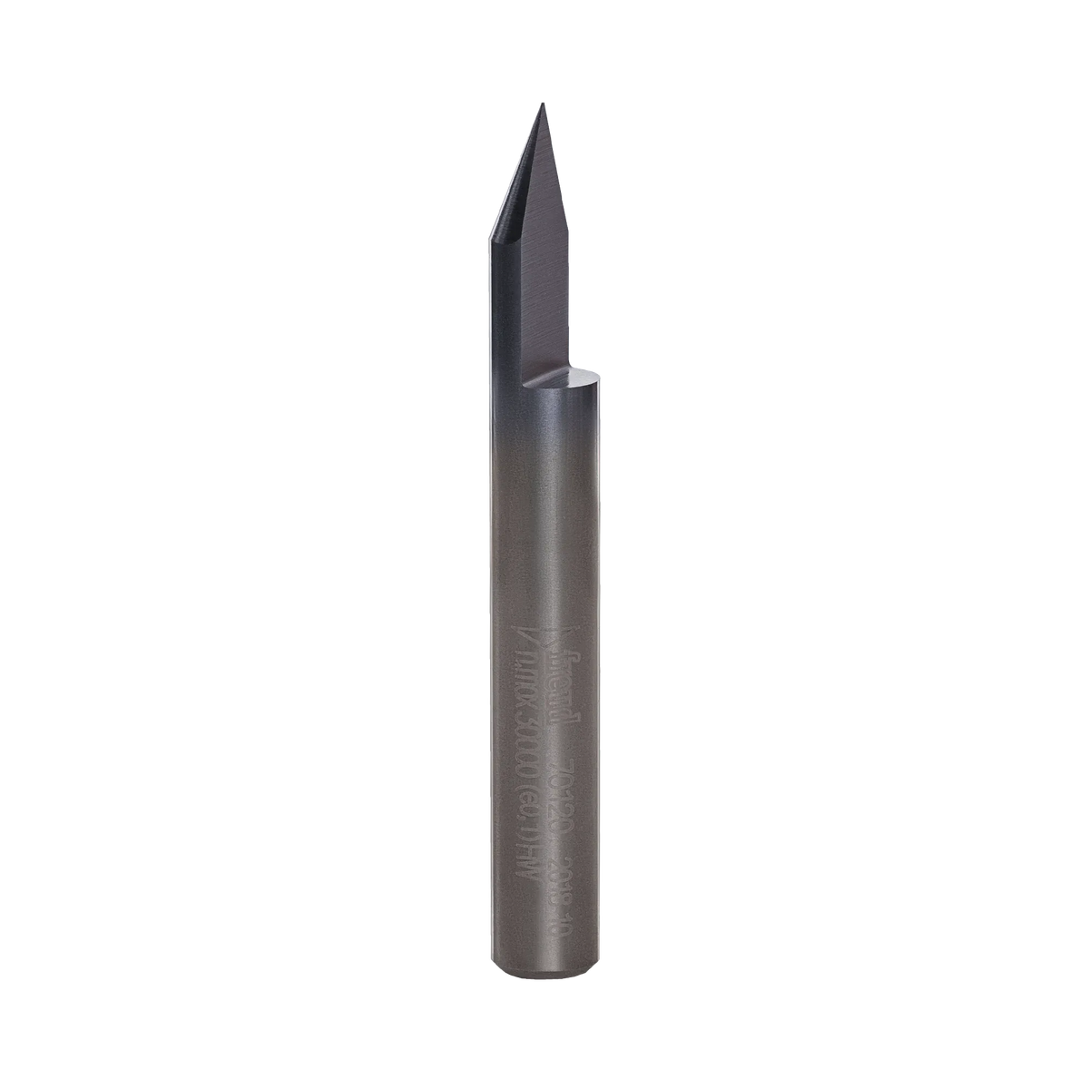 A studio product shot of the Freud 70-120 engraving V-groove router bit, featuring a solid carbide body with a polished gunmetal finish and a sharp, tapered cutting tip.