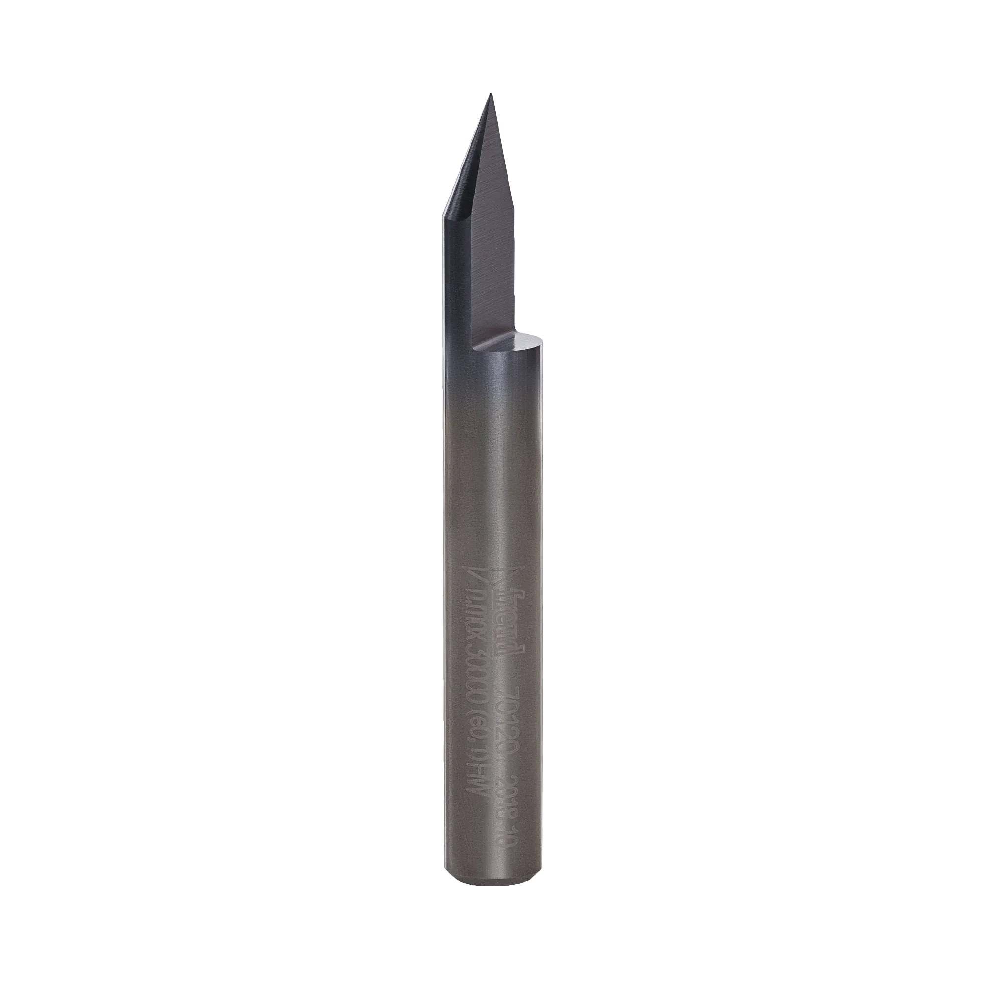 A studio product shot of the Freud 70-120 engraving V-groove router bit, featuring a solid carbide body with a polished gunmetal finish and a sharp, tapered cutting tip.