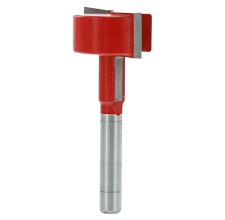 A studio product shot of the Freud 70-204 T-slot router bit, featuring a red-coated body with two silver carbide cutting edges and a polished silver 1/4-inch shank.