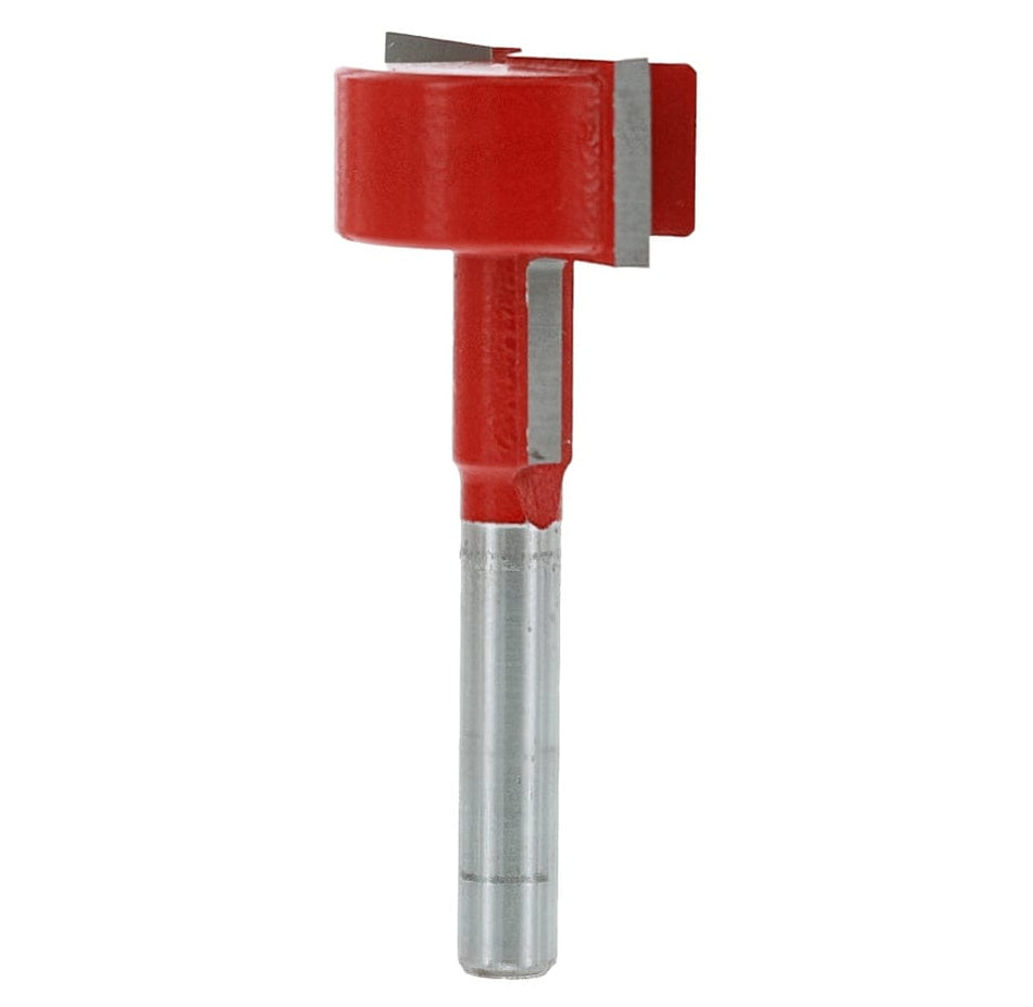 A studio product shot of the Freud 70-204 T-slot router bit, featuring a red-coated body with two silver carbide cutting edges and a polished silver 1/4-inch shank.