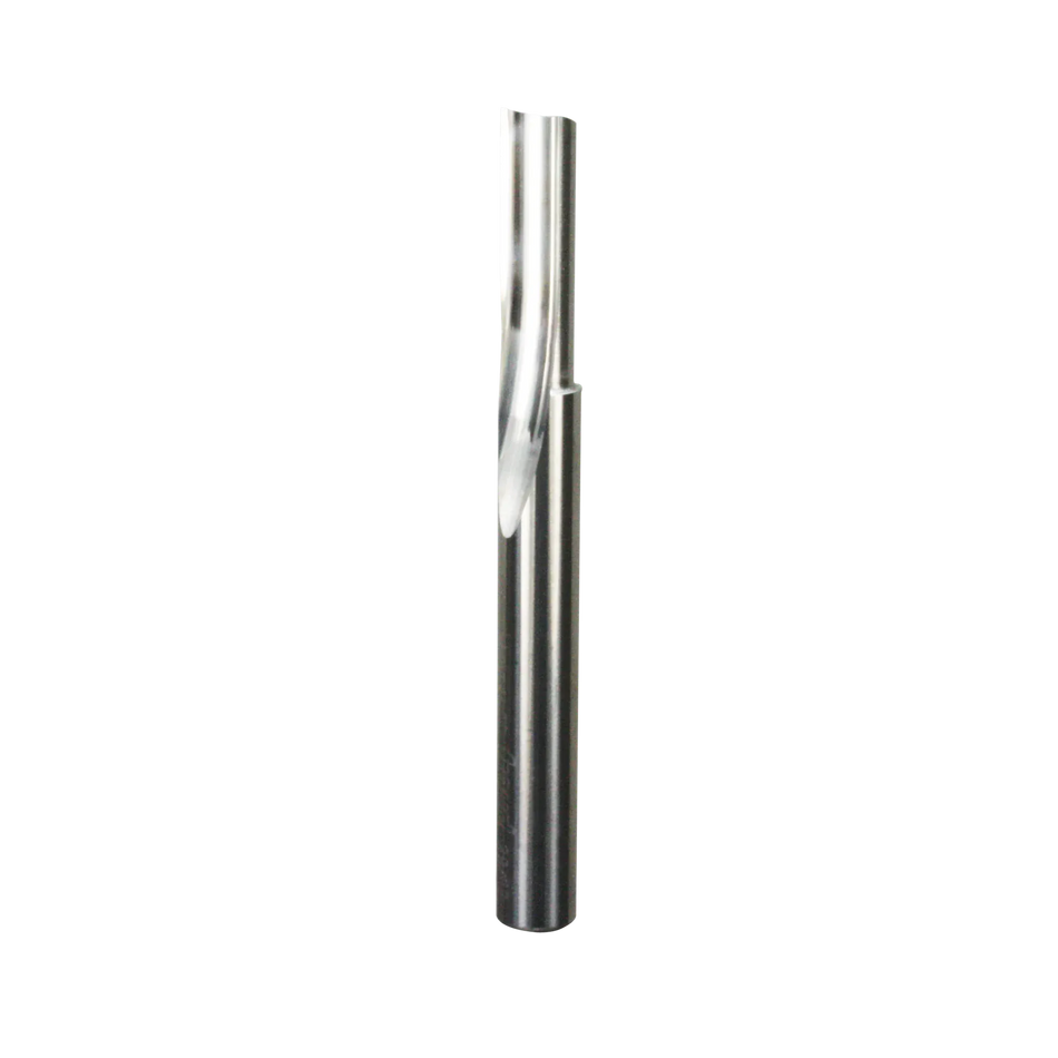 A studio shot of the Freud 71-080 solid carbide O-flute straight router bit featuring a polished silver finish and a single precision-ground cutting edge for clean cuts in plastic and composites.