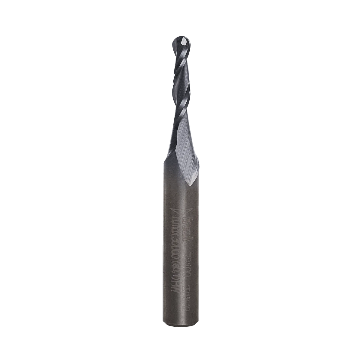 A high-resolution studio shot of the Freud 72-100 solid carbide upcut spiral ball nose router bit featuring a specialized dark industrial coating and precision-ground flutes for CNC 3D carving and detailing.