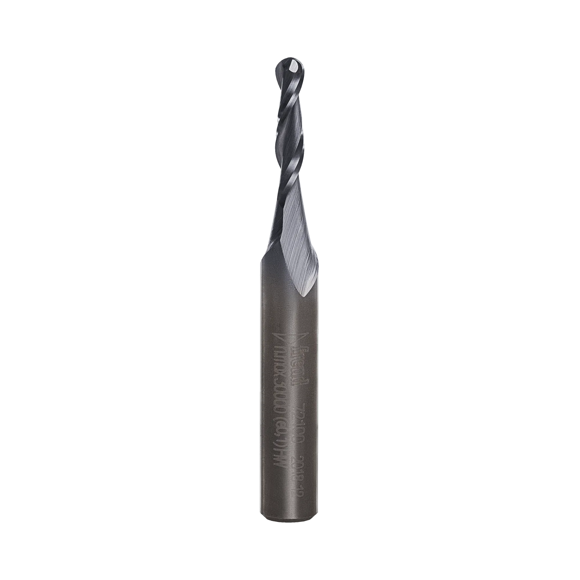 A high-resolution studio shot of the Freud 72-100 solid carbide upcut spiral ball nose router bit featuring a specialized dark industrial coating and precision-ground flutes for CNC 3D carving and detailing.
