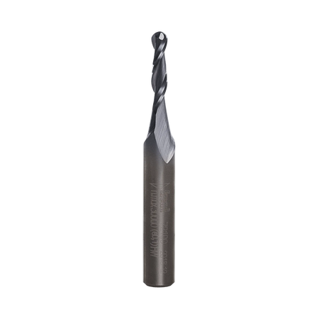 A high-resolution studio shot of the Freud 72-100 solid carbide upcut spiral ball nose router bit featuring a specialized dark industrial coating and precision-ground flutes for CNC 3D carving and detailing.
