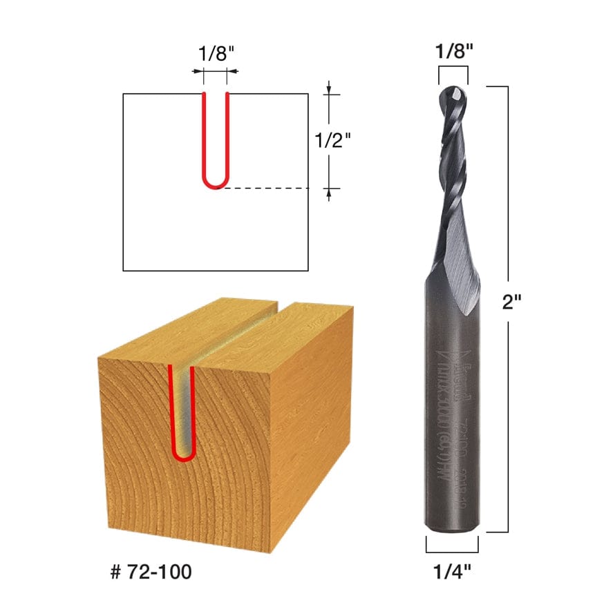 Technical application diagram for the Freud 72-100 bit showing a 1/8 inch diameter rounded groove in a wood block alongside a dimensional drawing of the 2 inch overall length and 1/2 inch cutting height for 3D relief projects.