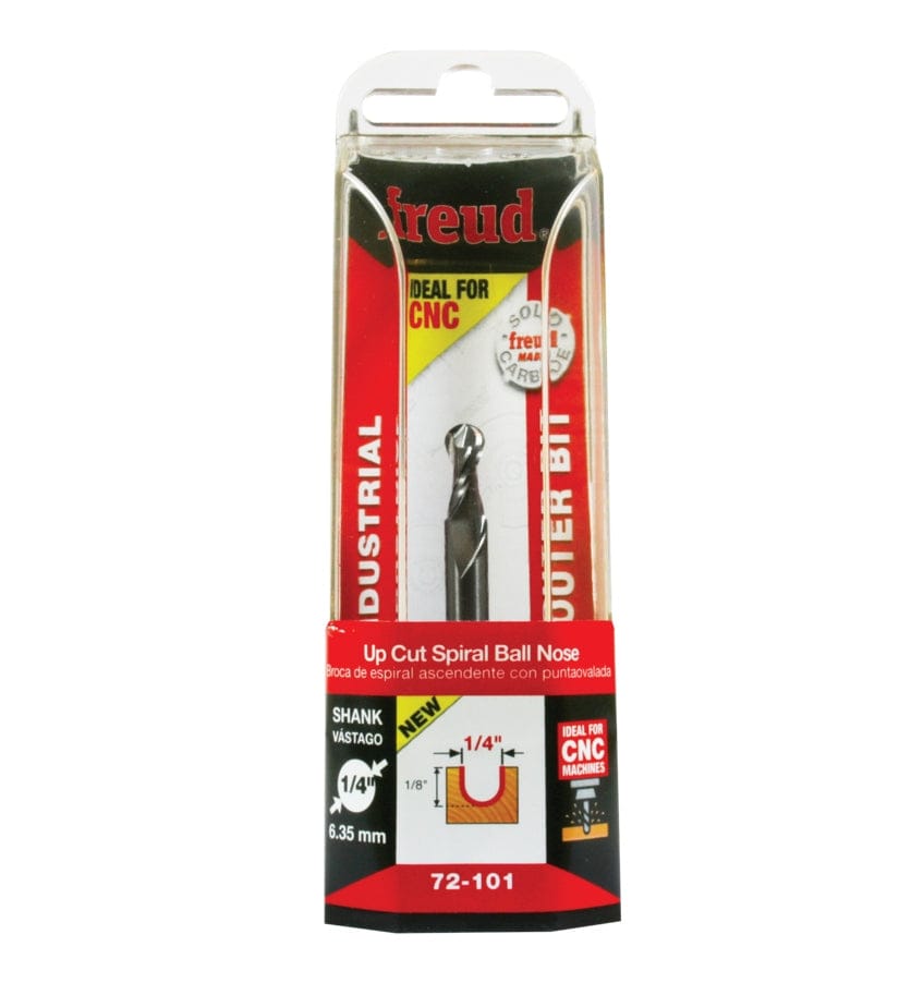 Freud_72-101_Up-Cut_Spiral_Ball_Nose_Router_Bit_1_4_Dia_1_8_Radius_1_4_Shank_Solid_Carbide_CNC_Bit_for_3D_Carving_Contouring_3.jpg

Technical diagram of the Freud 72-101 router bit profile, showing a 1/4-inch wide, 1/2-inch deep cut with a 1/8-inch radius ball nose.

Freud_72-101_Up-Cut_Spiral_Ball_Nose_Router_Bit_1_4_Dia_1_8_Radius_1_4_Shank_Solid_Carbide_CNC_Bit_for_3D_Carving_Contouring_2.jpg

The Freud 72-101 router bit shown in its clear plastic retail packaging, labeled 'Ideal for CNC'.