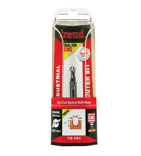 Freud_72-101_Up-Cut_Spiral_Ball_Nose_Router_Bit_1_4_Dia_1_8_Radius_1_4_Shank_Solid_Carbide_CNC_Bit_for_3D_Carving_Contouring_3.jpg

Technical diagram of the Freud 72-101 router bit profile, showing a 1/4-inch wide, 1/2-inch deep cut with a 1/8-inch radius ball nose.

Freud_72-101_Up-Cut_Spiral_Ball_Nose_Router_Bit_1_4_Dia_1_8_Radius_1_4_Shank_Solid_Carbide_CNC_Bit_for_3D_Carving_Contouring_2.jpg

The Freud 72-101 router bit shown in its clear plastic retail packaging, labeled 'Ideal for CNC'.