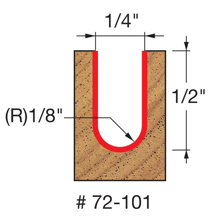 Technical diagram of the Freud 72-101 router bit profile, showing a 1/4-inch wide, 1/2-inch deep cut with a 1/8-inch radius ball nose.