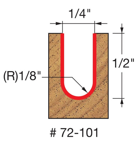 Technical diagram of the Freud 72-101 router bit profile, showing a 1/4-inch wide, 1/2-inch deep cut with a 1/8-inch radius ball nose.