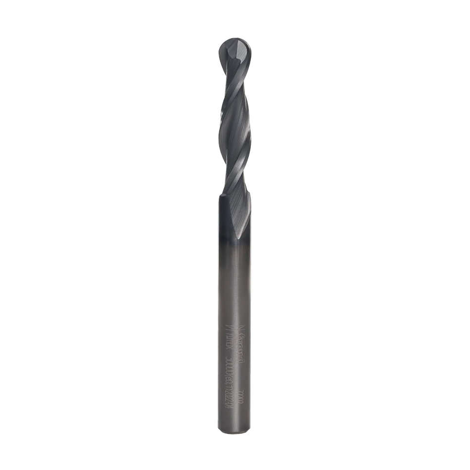 A high-resolution studio shot of the Freud 72-202 solid carbide upcut spiral ball nose router bit featuring a dark industrial coating and precision-ground flutes for CNC 3D carving and detailing.