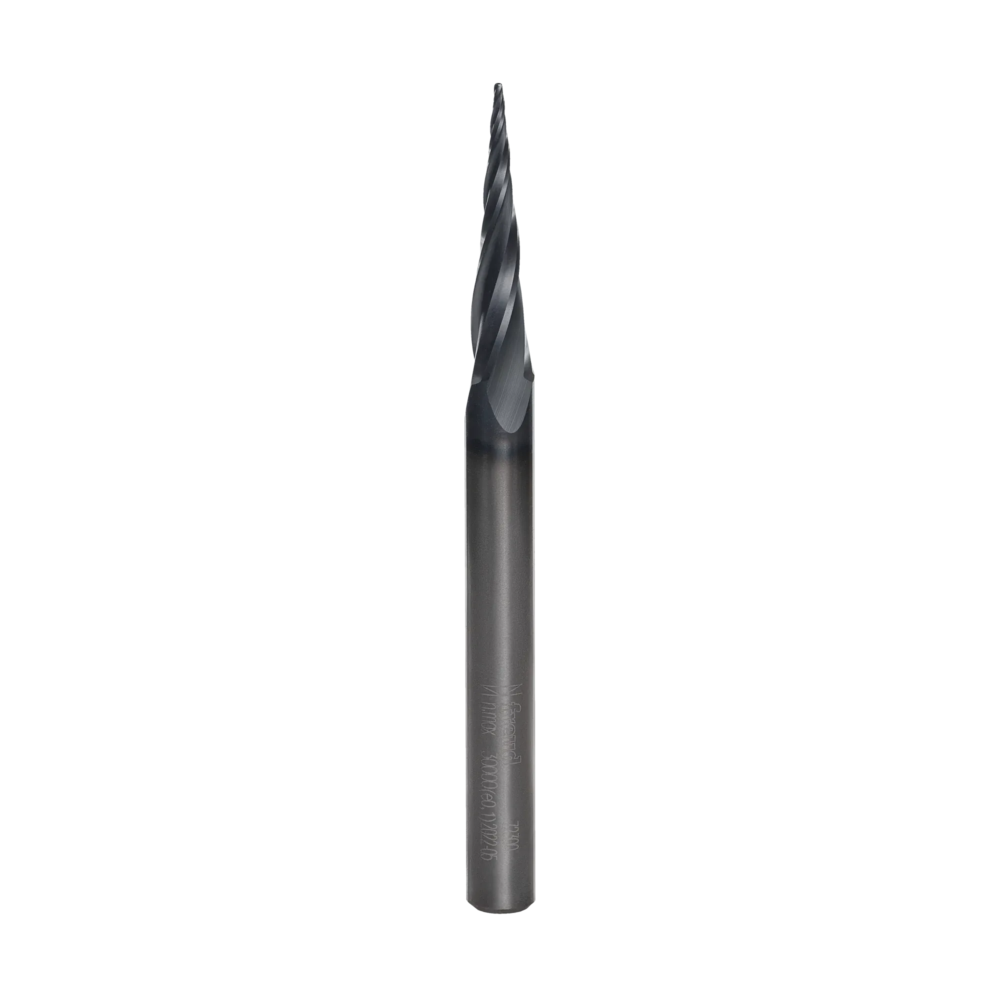 A high-resolution studio shot of the Freud 72-300 3-flute tapered ball tip router bit, showcasing the Black I.C.E. coating and precision-ground solid carbide construction for ultra-detailed 3D carving.