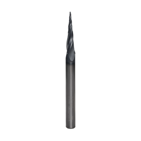 A high-resolution studio shot of the Freud 72-300 3-flute tapered ball tip router bit, showcasing the Black I.C.E. coating and precision-ground solid carbide construction for ultra-detailed 3D carving.