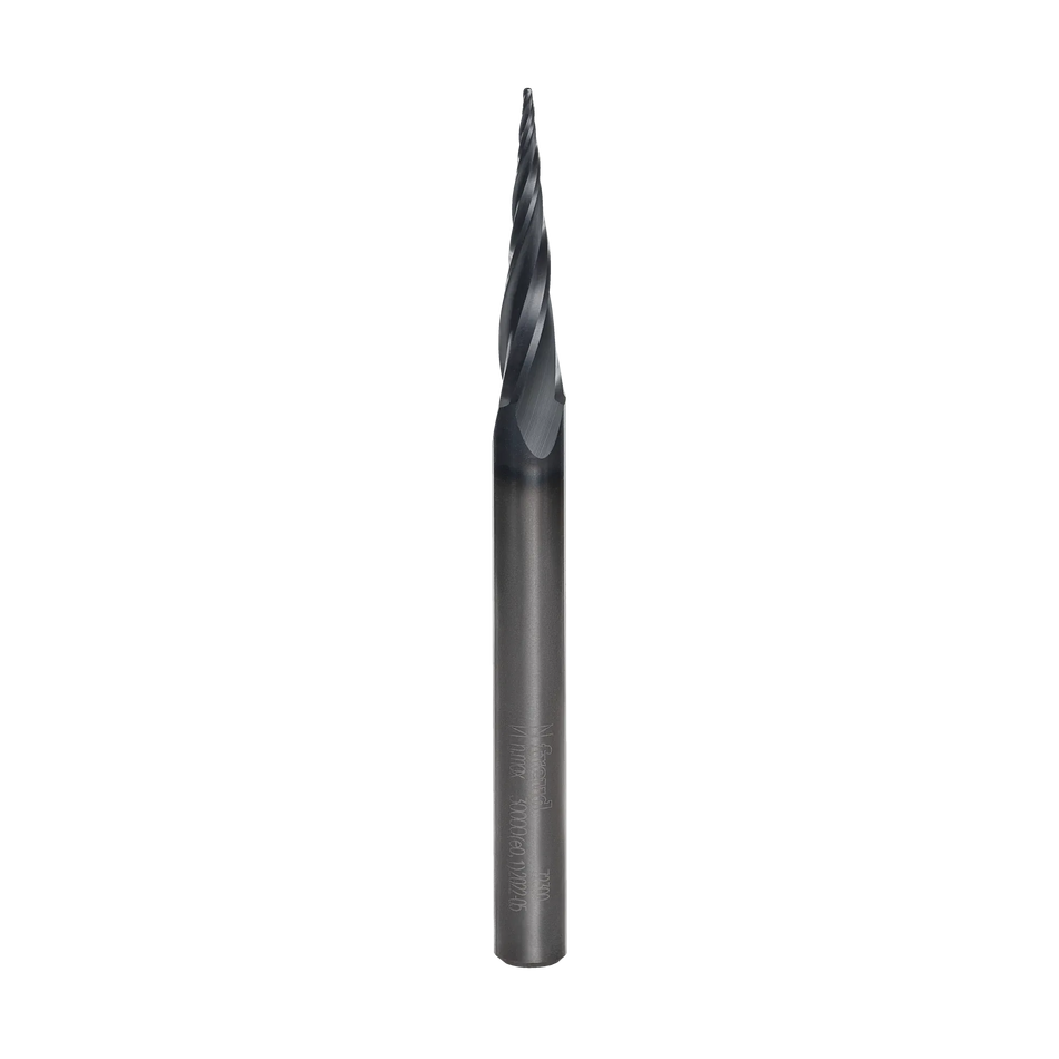 A high-resolution studio shot of the Freud 72-300 3-flute tapered ball tip router bit, showcasing the Black I.C.E. coating and precision-ground solid carbide construction for ultra-detailed 3D carving.