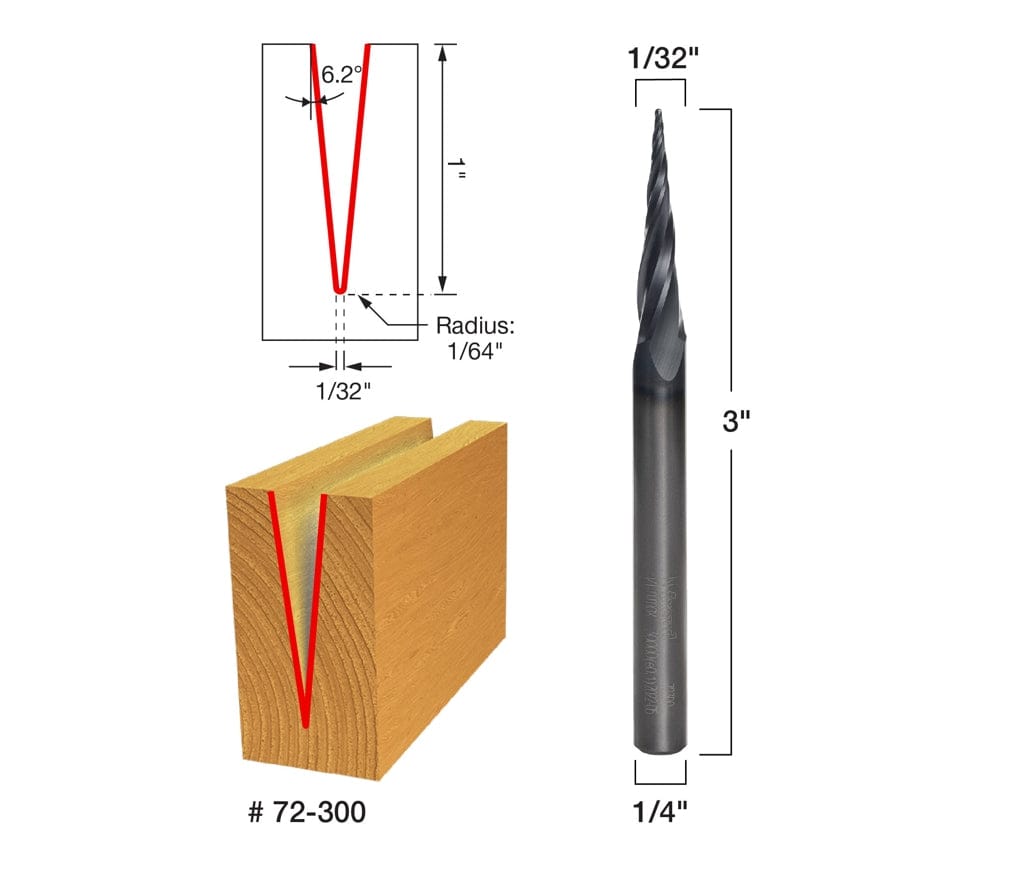 A technical diagram and product view of the Freud 72-300 tapered ball tip bit, showing a 6.2-degree side angle, 1-inch carbide height, 1/32-inch tip diameter, and 3-inch overall length with a 1/4-inch shank for precision CNC carving.