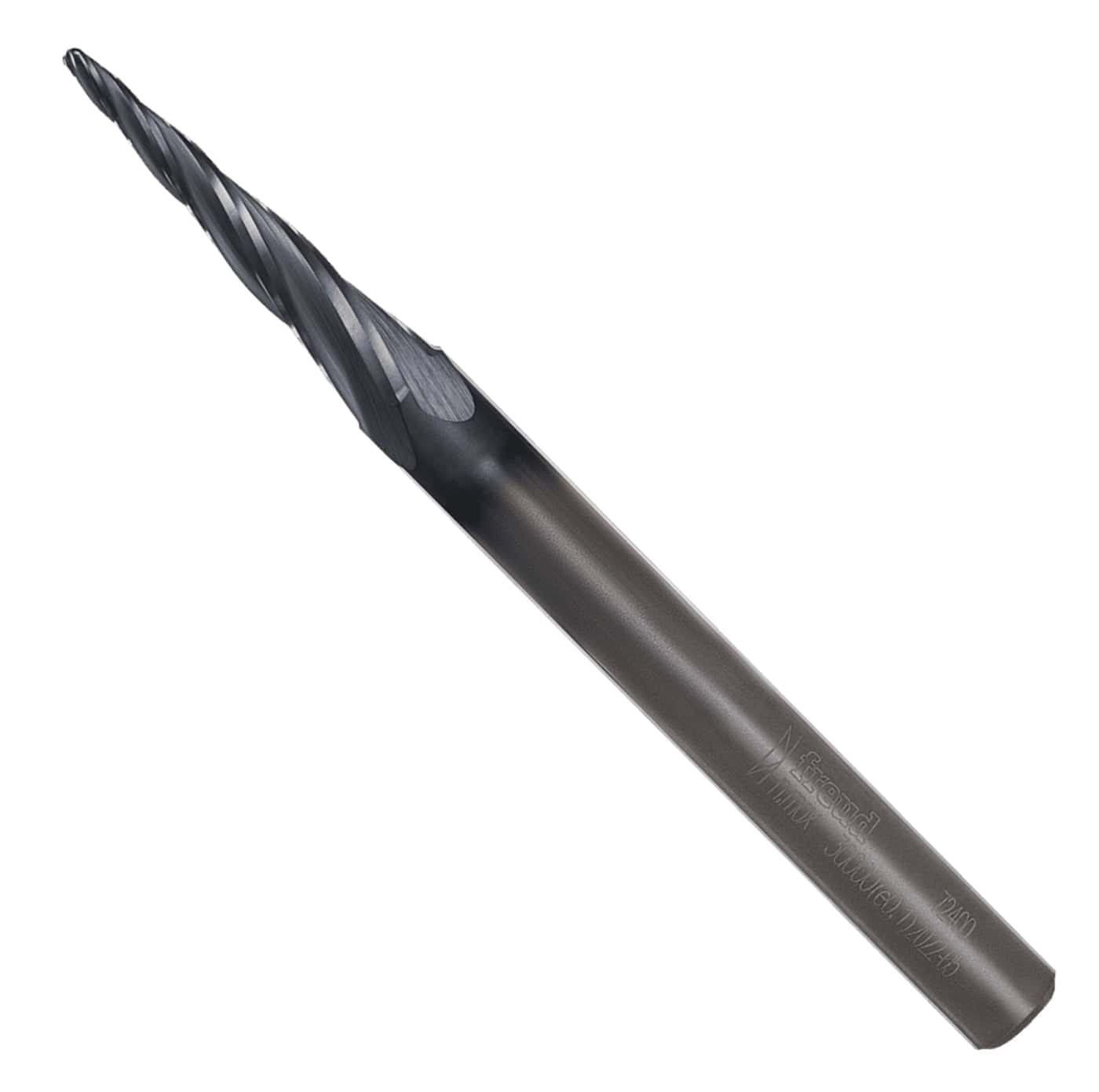 Freud 72-400 1/16-inch tapered ball tip solid carbide CNC router bit with a 1/4-inch shank and Black I.C.E. coating for high-detail 3D carving.