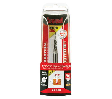 Freud 72-400 tapered ball tip CNC router bit in retail packaging showing the 1/16-inch tip diameter and 1/4-inch shank size.